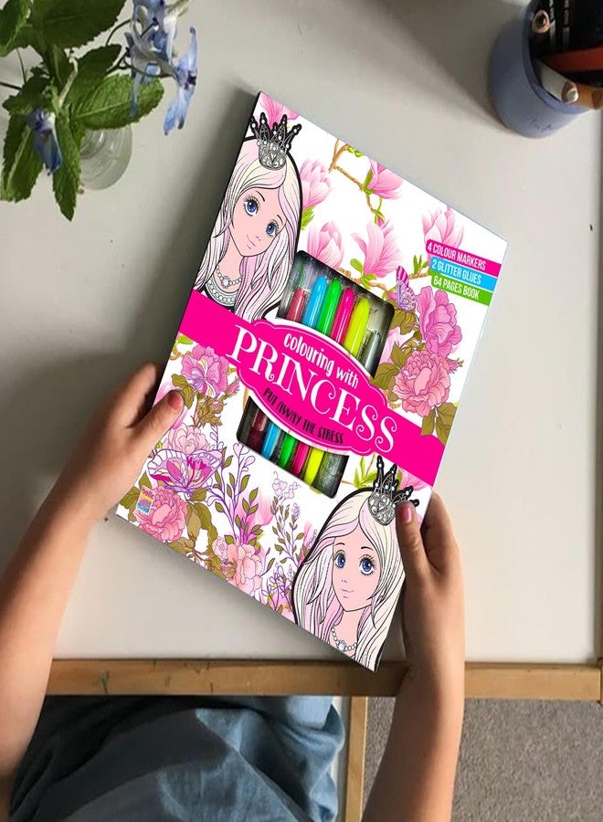 BRIJBASI مجموعة تلوين BRIJBASI Hello Friend Princess Combo Kit مع 4 أقلام نيون وأنبوبين لامعين + 32 صفحة من دفتر التلوين، 4 سنوات فأكثر. - Image 2